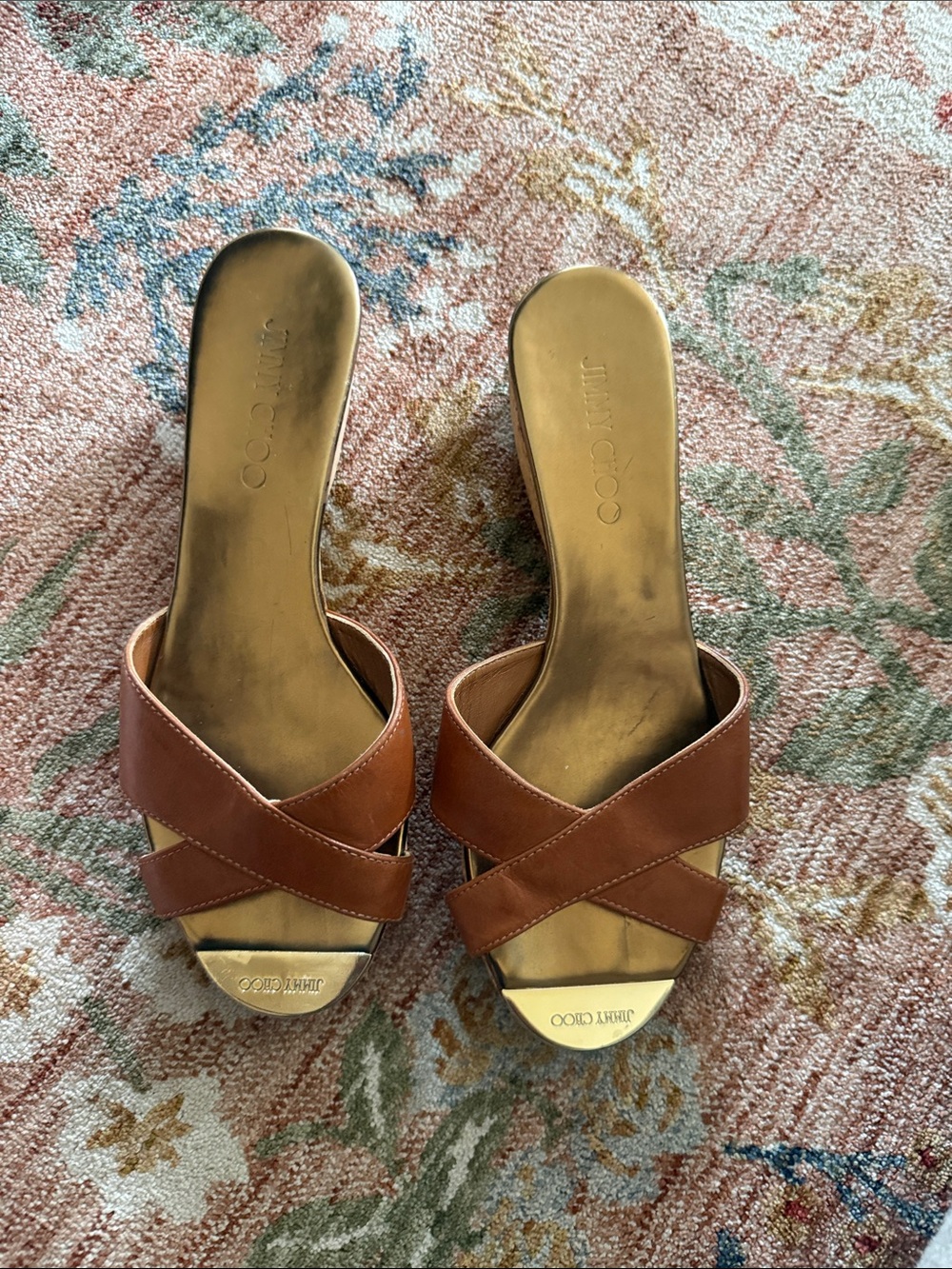 Jimmy Choo Tan Leather Crisscross Slide Sandals with Gold Footbed